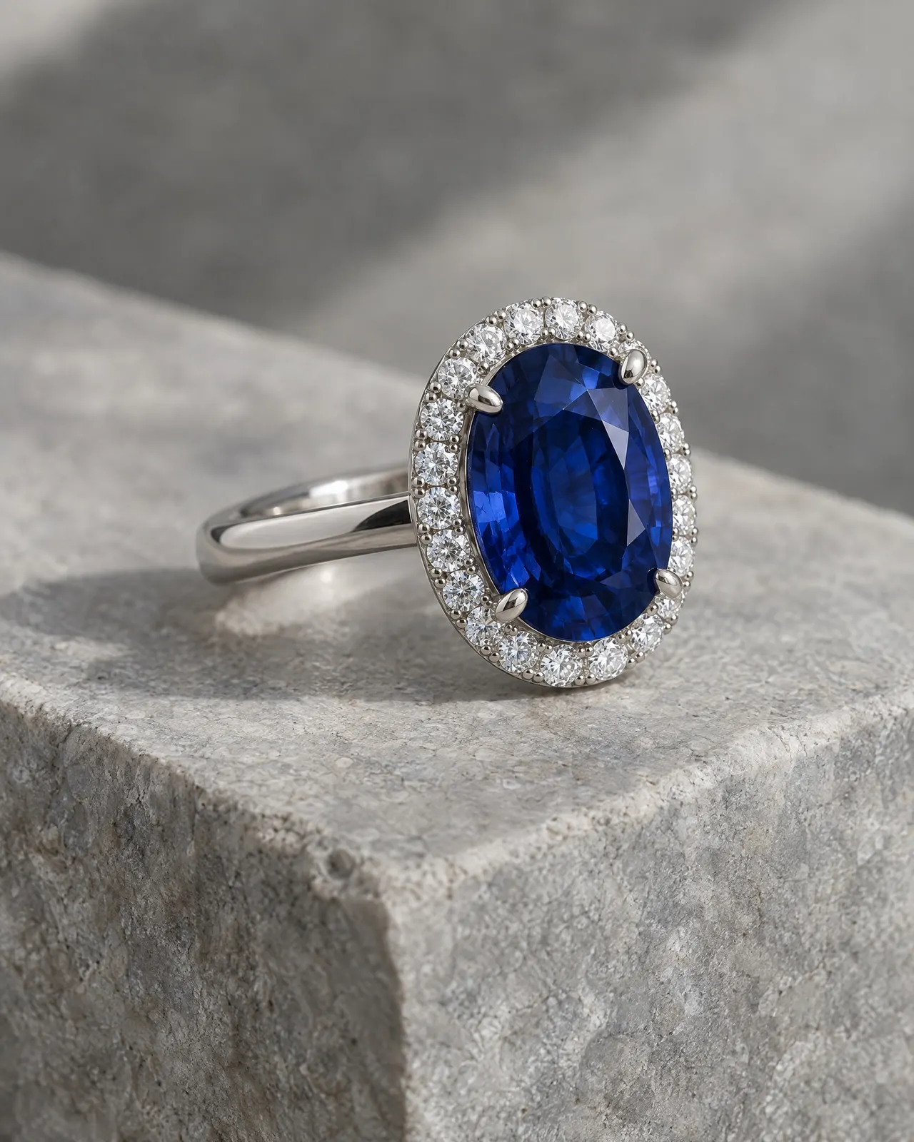 Bague en platine sertie d'un grand saphir ovale bleu profond entouré d'une rangée de diamants, posée sur un bloc de pierre grise