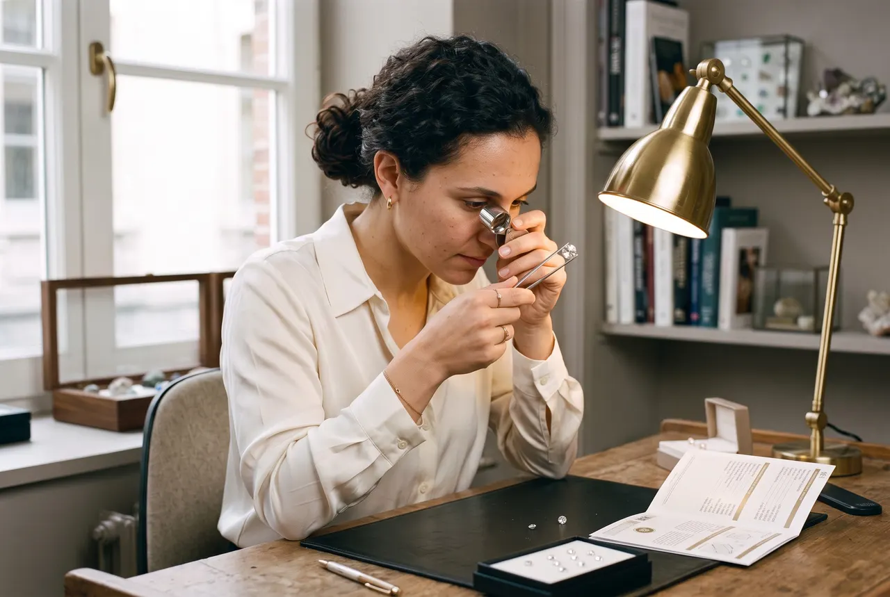 Inès, gemmologue, examine à la loupe un diamant tenu dans une pince, un certificat de laboratoire posé sur son bureau