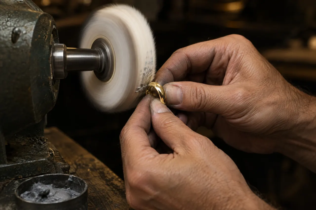 Mains d'un artisan qui polit une bague en or jaune contre une brosse de coton blanc en rotation