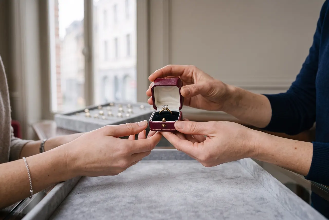 Mains de Claire Hennebelle tendant au-dessus du comptoir une boîte en cuir rouge ouverte sur un solitaire, vers les mains d'une cliente